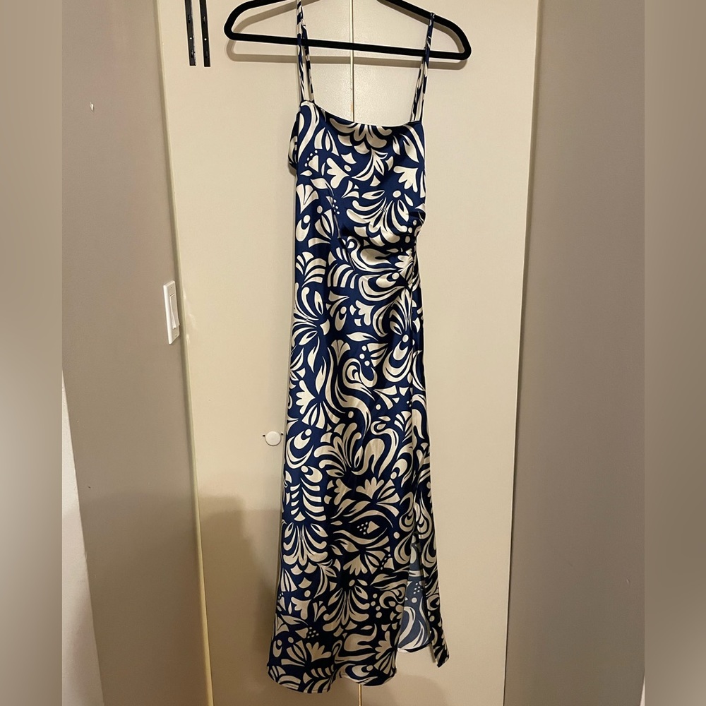 House of Harlow 1960 Satin Slip Midi Dress (Blue/White)